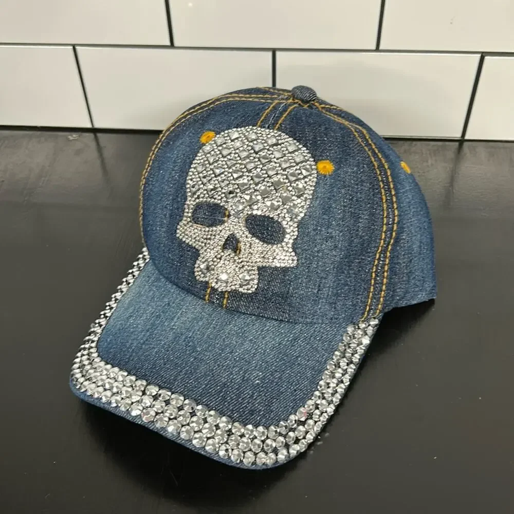 New Women's Skull Rhinestone & Blue Bling Baseball Cap Adjustable Fashion Hat